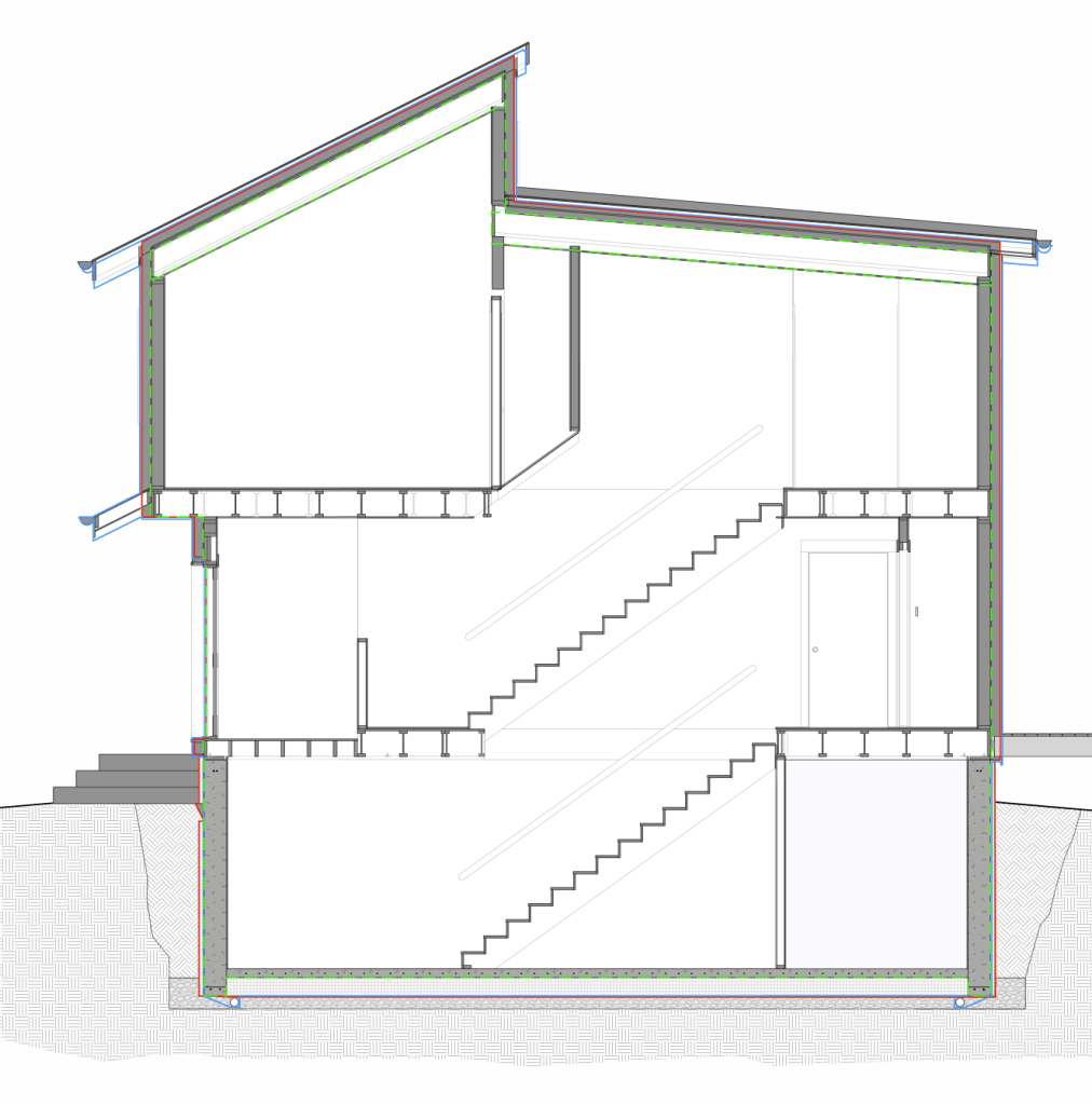 Image of the control layers of Clintonville Passive House depicted on a section view in different colors.