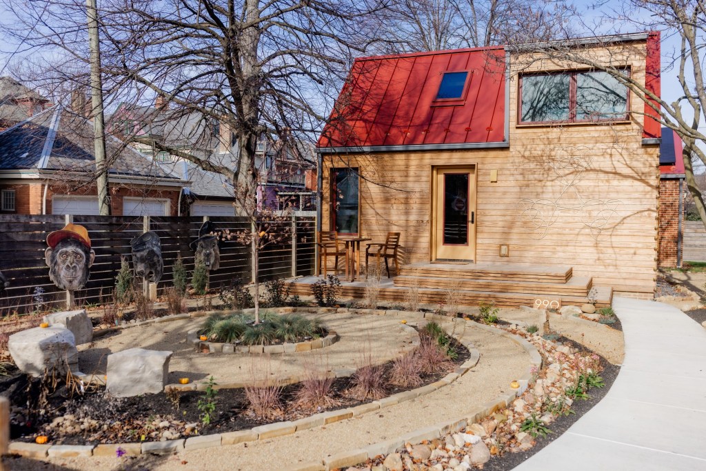 View of the front of the Codex Temple from the rain garden