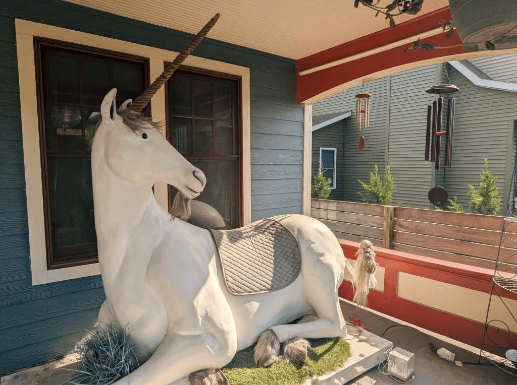 Cappy the Unicorn guards the front porch at the original house