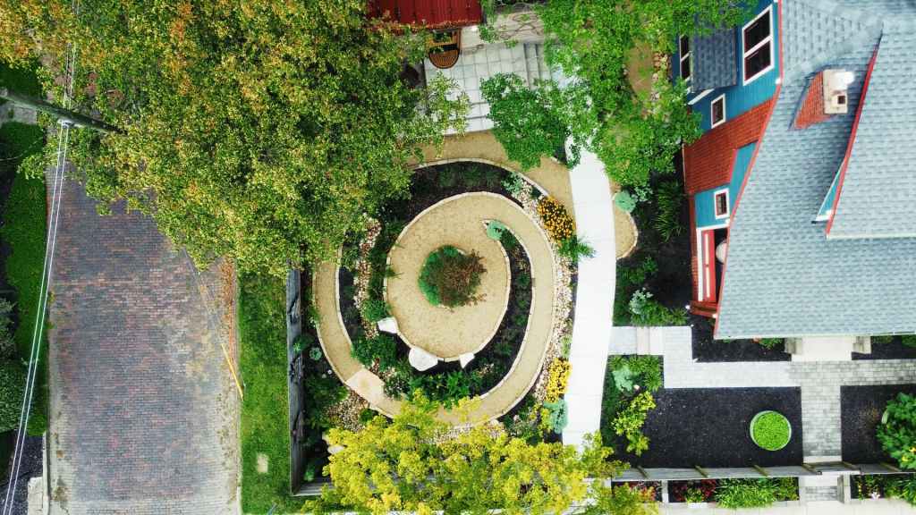 Aerial view of the spiral rain garden at the Codex Temple